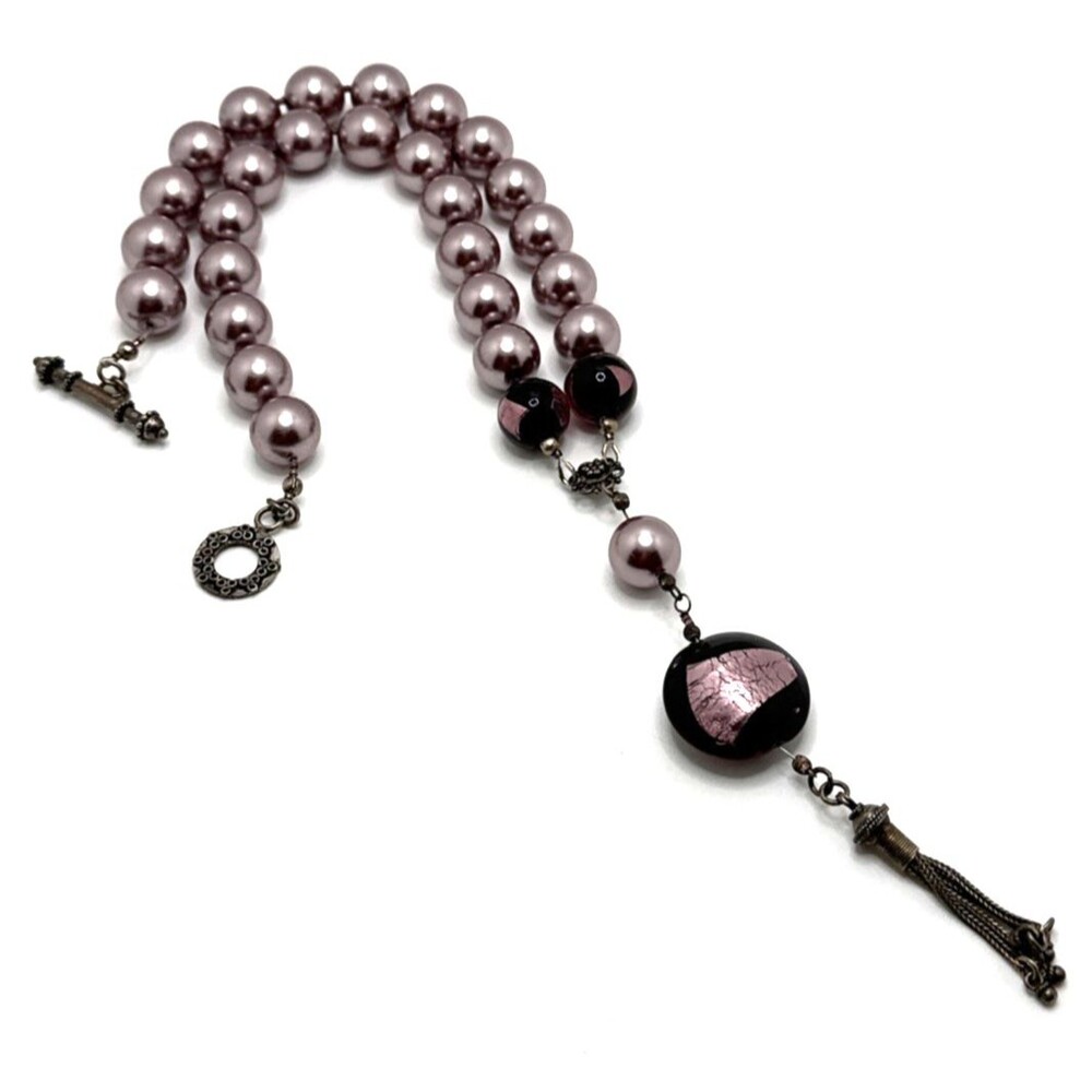 Chunky Purple Bead Y Drop Necklace Lavender Statement Ceramic Glass 20"